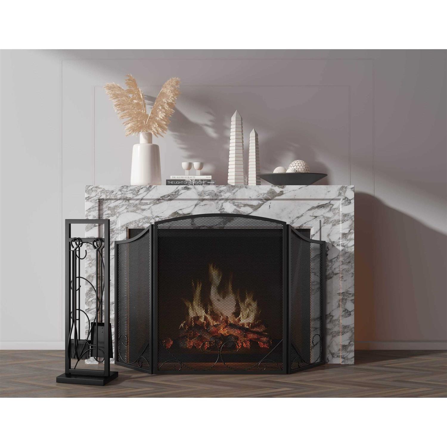 Lizh Metalwork 3-Panel Black Wrought Iron Modern Minimalist Design Fireplace Screen,48 x 29 Spark Guard with Scrolling Design,Decorative