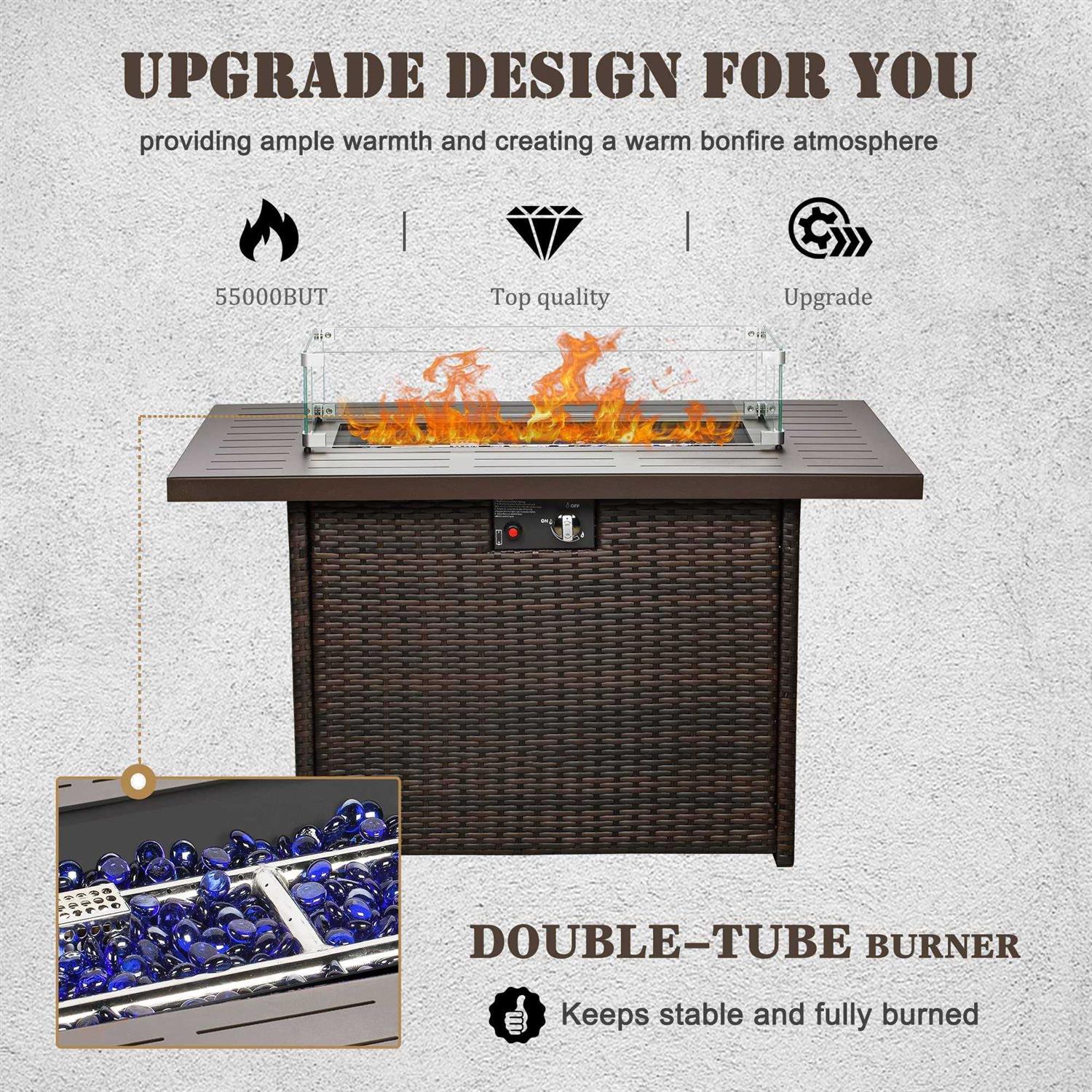 Vakollia Propane Fire Pit Table,44 Inch 55000 BTU Outdoor Gas Fire Pit Rectangular with Glass Wind Guard for Outside Patio Deck