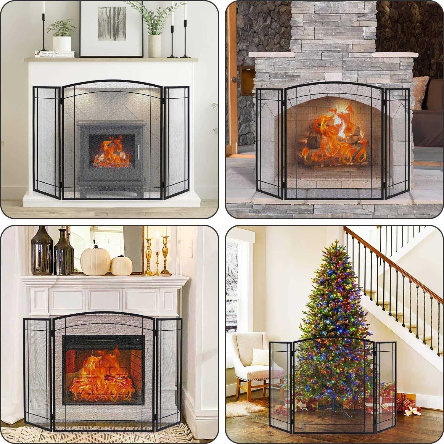 Feed Garden 3 Panel Fireplace Screen 48 W x 29 H Modern Foldable with Wrought Metal Decorative Mesh,Arch Heavy Duty Fire Spark Guard Cover