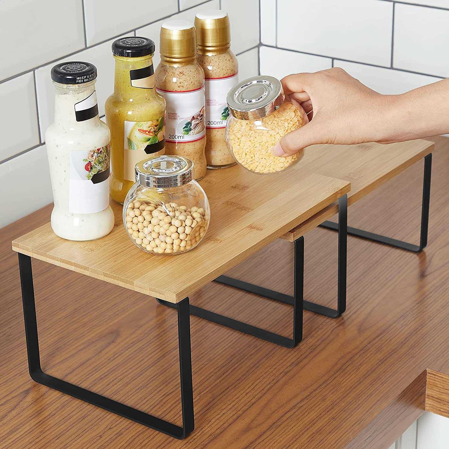SONGMICS Cabinet Shelf Organizers Set of 2 Kitchen Counter Shelves Metal and Bamboo