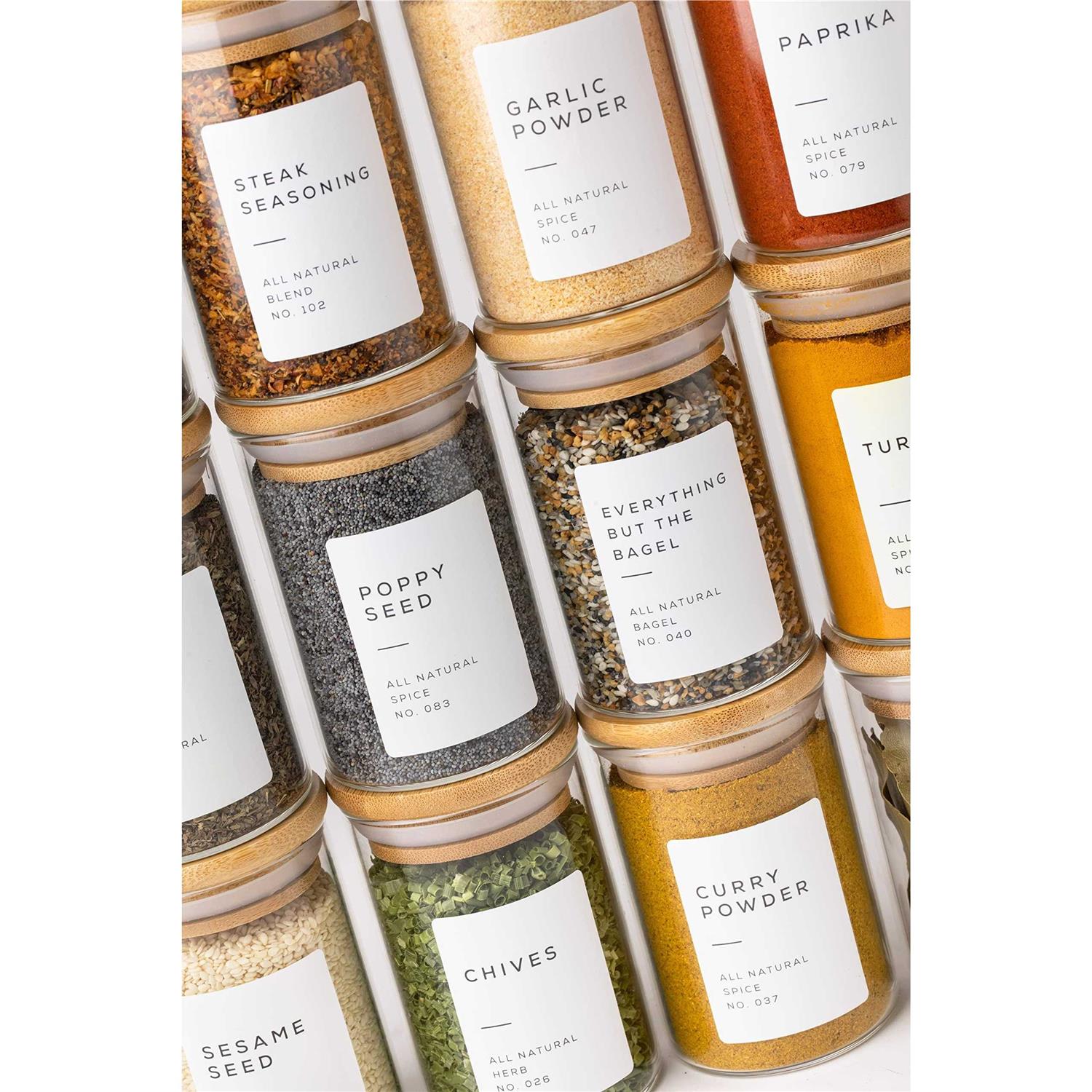Bloomondo Empty Spice Jars with Label Pack. Small 6oz Spice Storage Bottles with 112 Printed Spice Stickers and 48