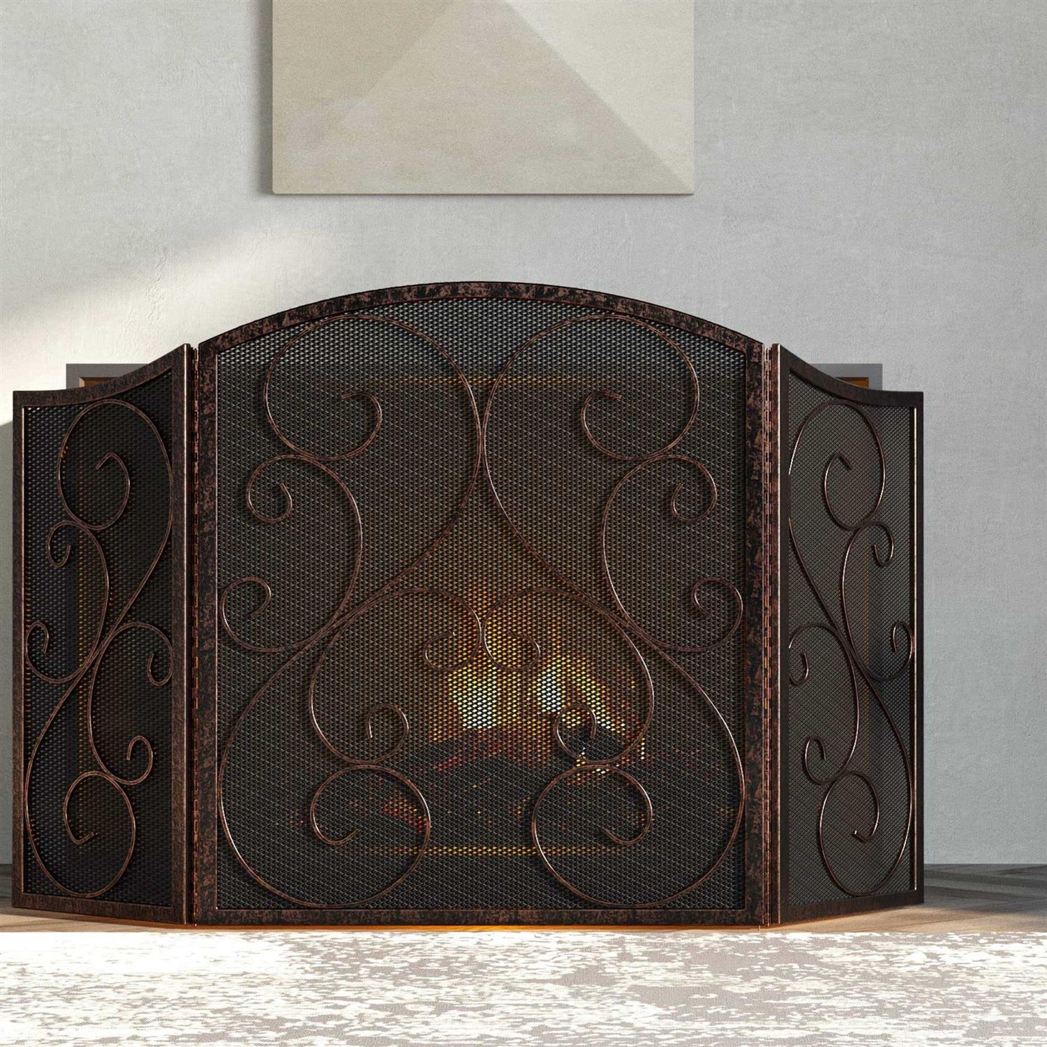 Fire Beauty Fireplace Screen 3 Panel Wrought Iron Black Metal 48 x30 Spark Guard Cover