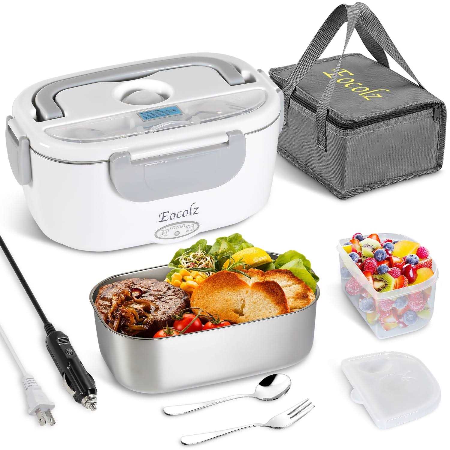 Eocolz Electric Lunch Box Food Heater Warmer 60W 2 in 1 Portable Lunch Box for Car Truck Home Work Leak Proof with 1.5l Removable 304 Stainless