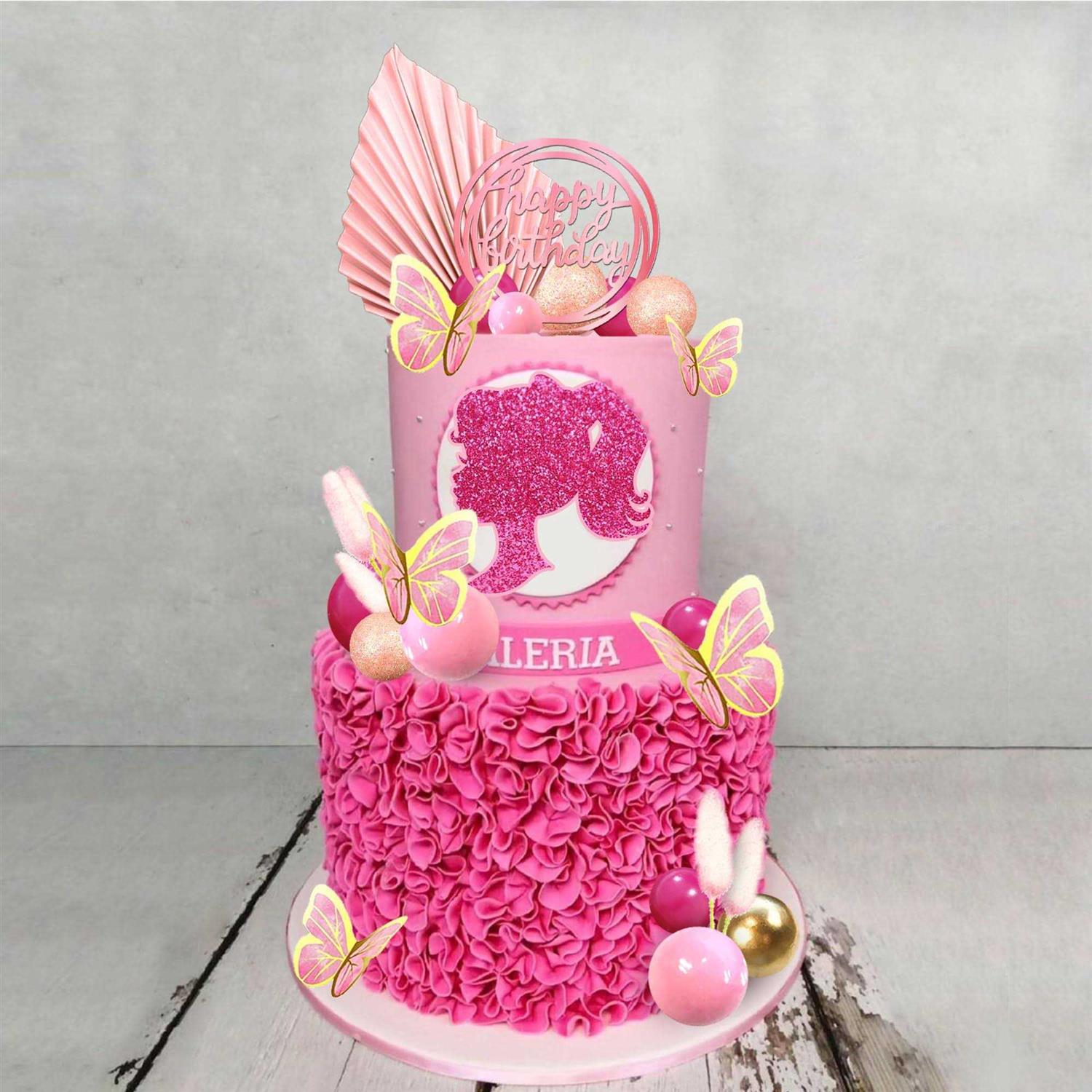 Hot Pink Girl Cake Toppers with Pink and Gold Butterfly Balls Cake Topper for Wedding Baby Shower Anniversary Girl Birthday Themed Party Supplies