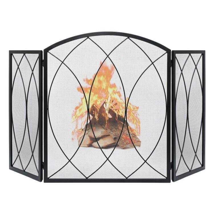 Feed Garden 3 Panel Fireplace Screen 48 W x 29.5 H Modern Foldable with Wrought Metal Decorative Mesh,Arch Heavy Duty Fire Spark Guard Cover