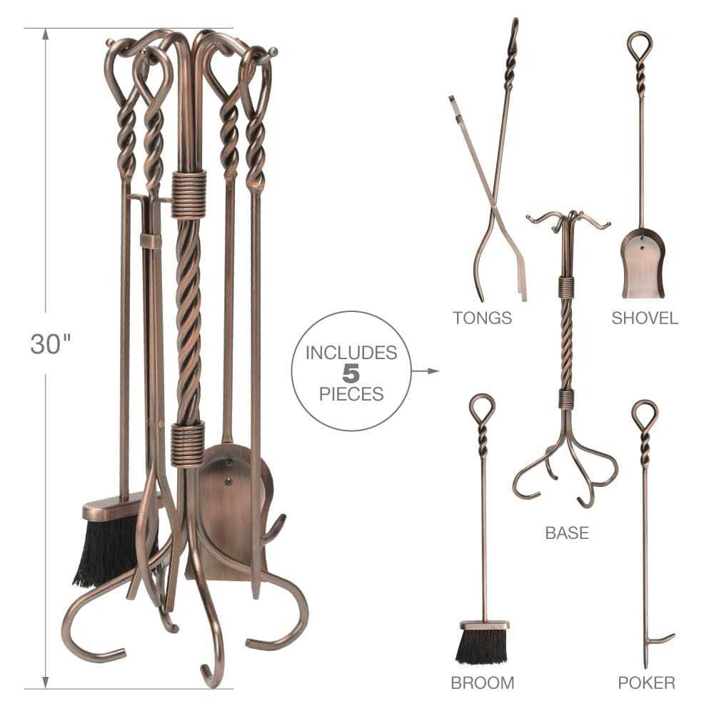 Uniflame 5 Piece Antique Copper Fireset with Ring/Swirl Handles Tampico Brush F-1311