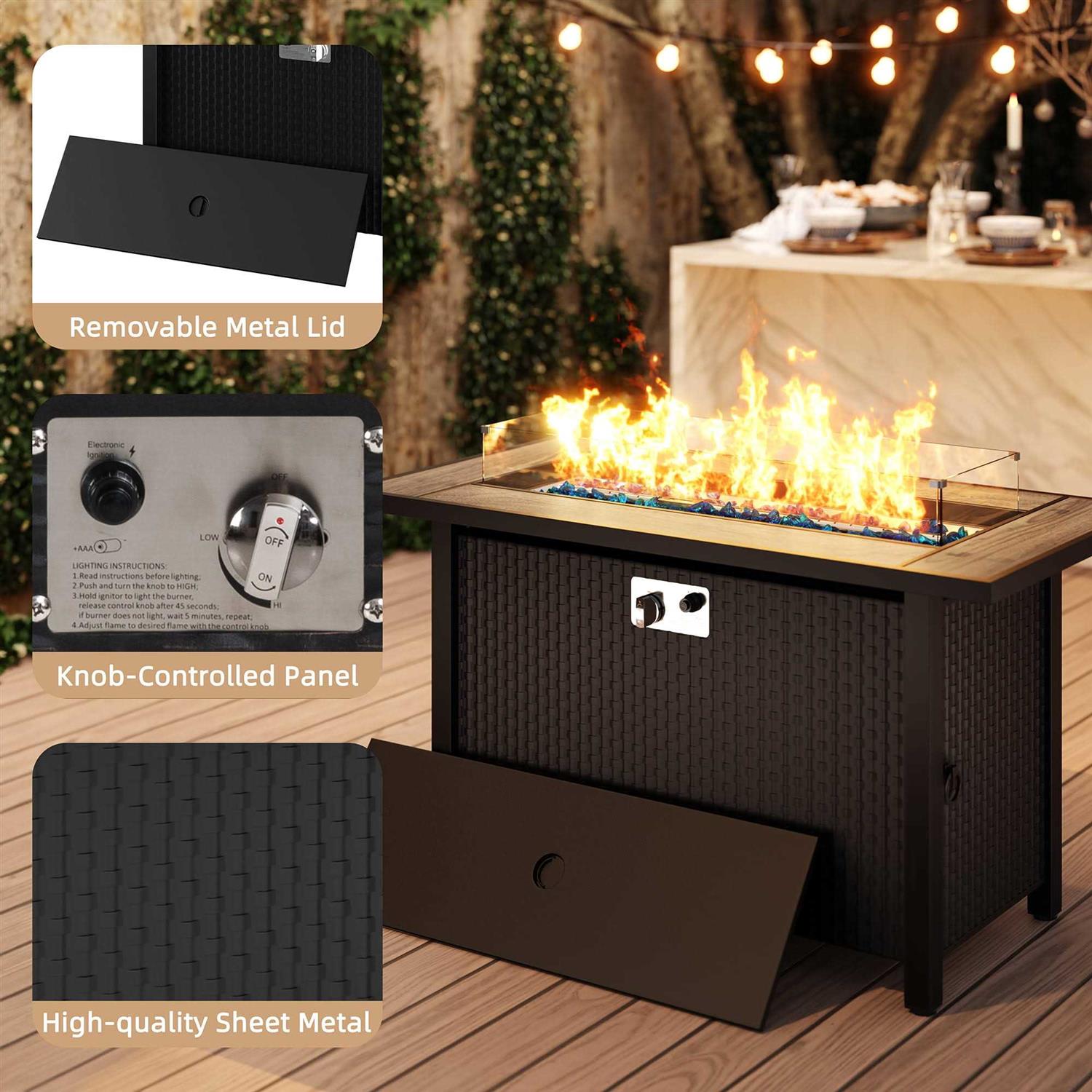 Walsunny 45 inch Propane Fire Pit Table 50,000 BTU Steel Gas Fire Pit with Lid and Lava Rock Rectangular