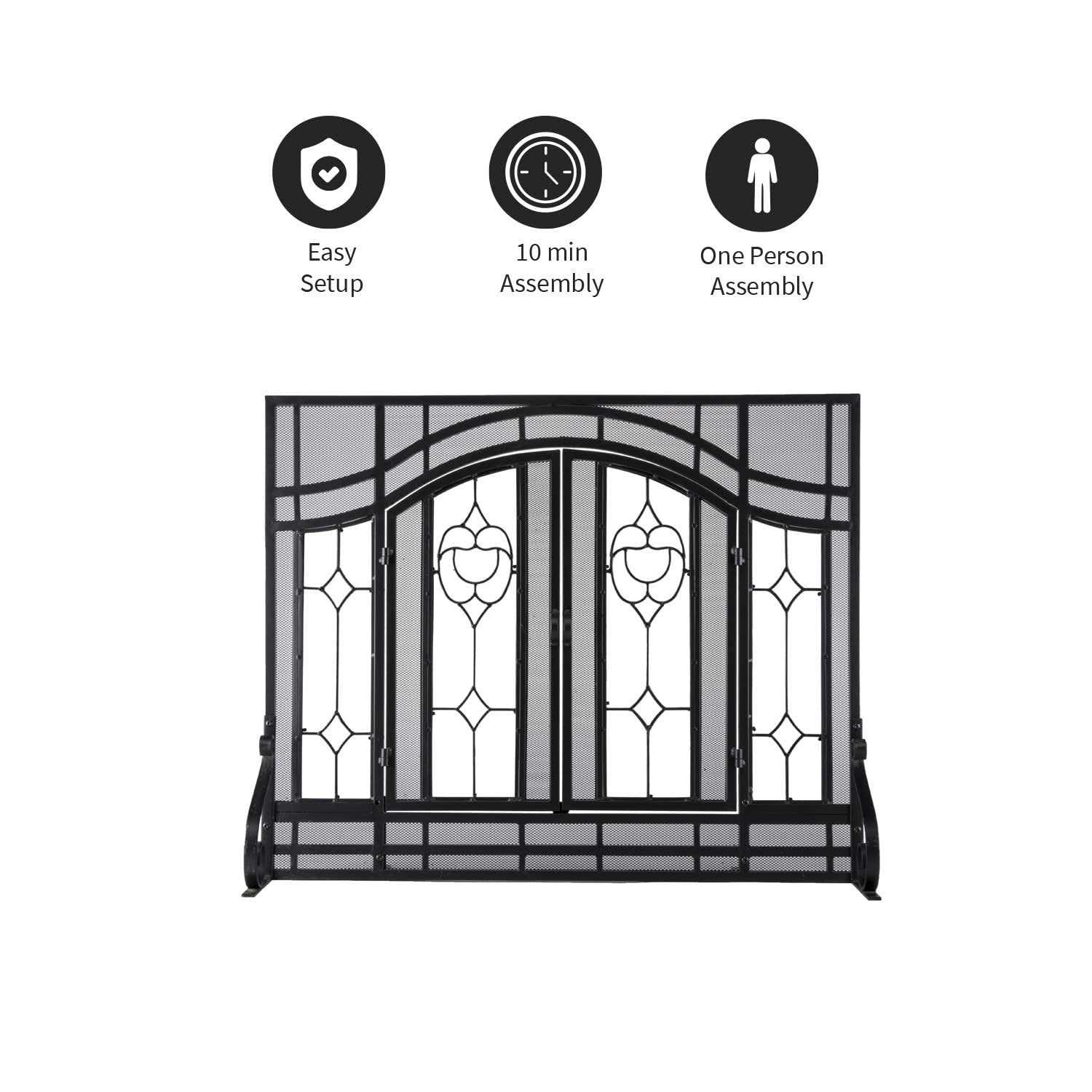 Plow & Hearth Two-Door Fireplace Screen with Glass Floral Panels