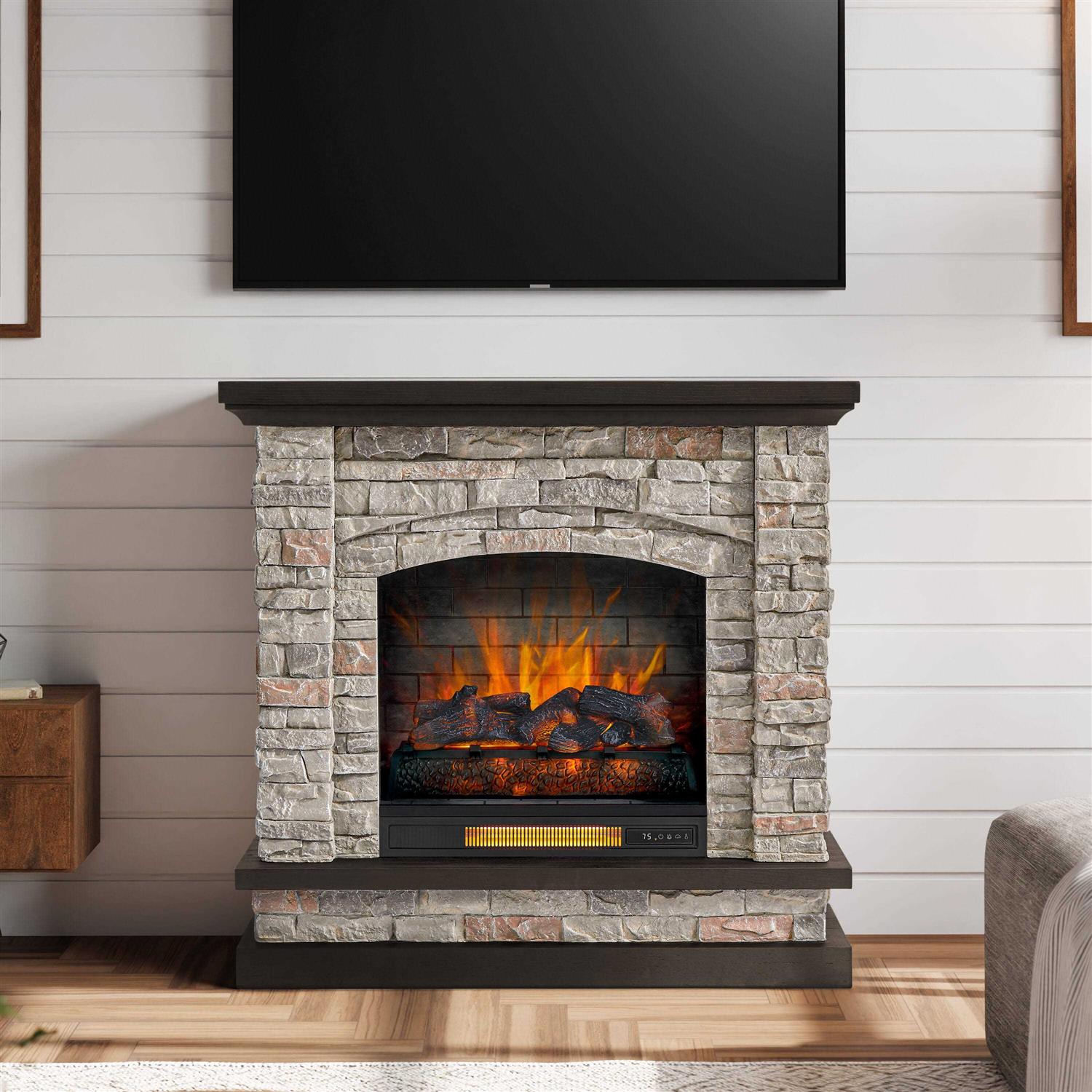 allen + roth 43.5-in W Stacked Faux Sandstone with Coffee Oak Infrared Quartz Electric Fireplace 2315FM-23-931