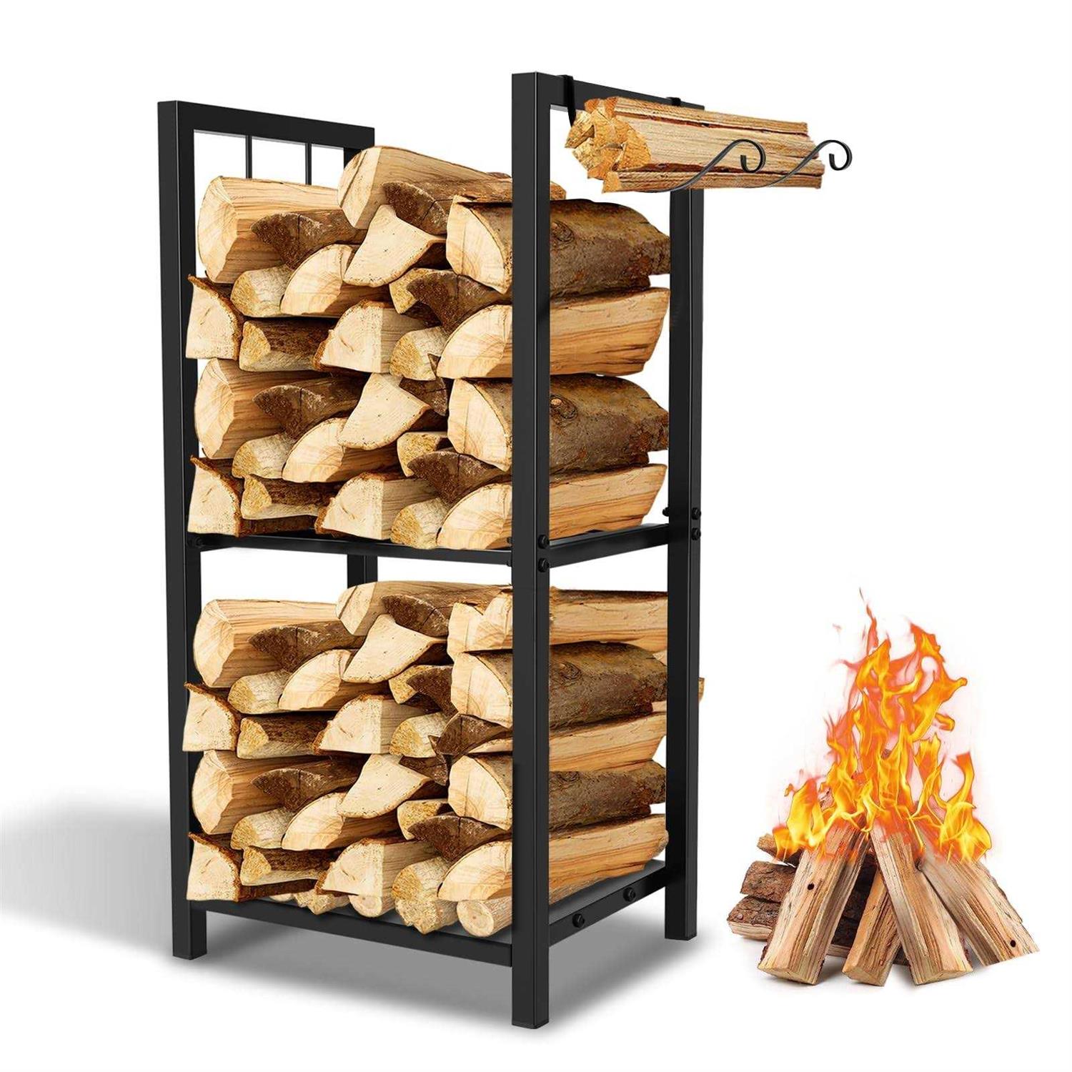 MOFEEZ Firewood Rack Log Holder Indoor with Kindling Hooks Powder-coated Steel Made