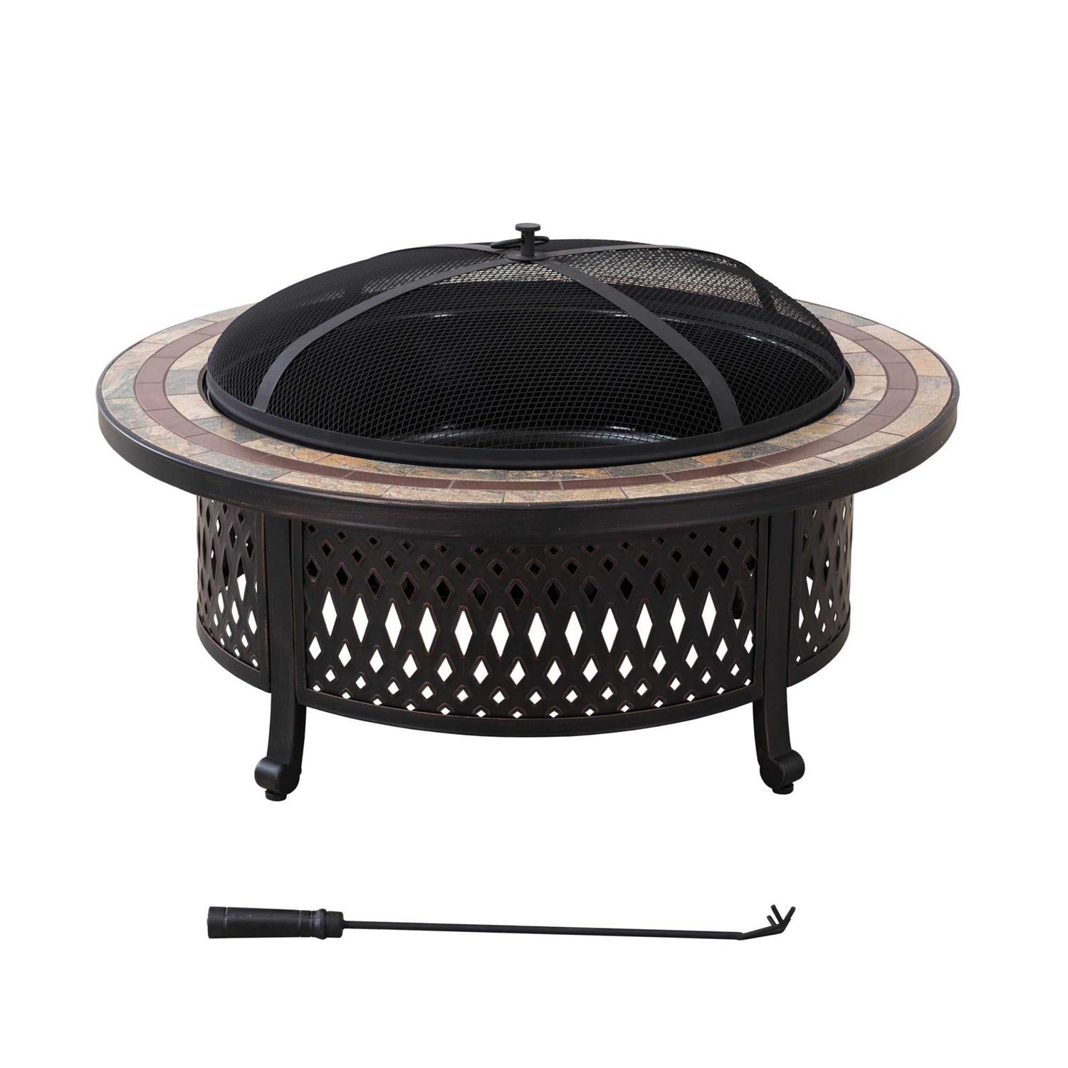 Sunjoy 40 Inch Fire Pit for Outside, Outdoor Round Wood Burning Fire Pit with Steel Mesh Spark Screen, Ceramic Tile Tabletop and Fire Poker