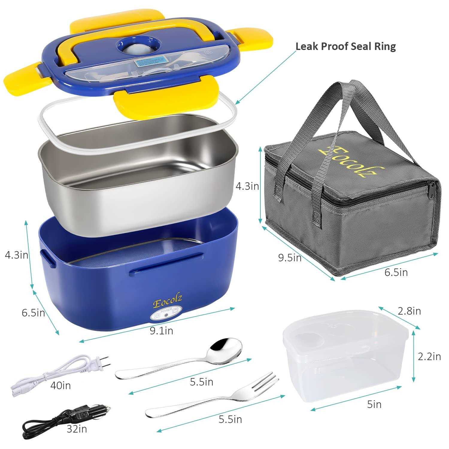 Eocolz Electric Lunch Box Food Heater Warmer 60W 2 in 1 Portable Lunch Box for Car Truck Home Work Leak Proof with 1.5l Removable 304 Stainless