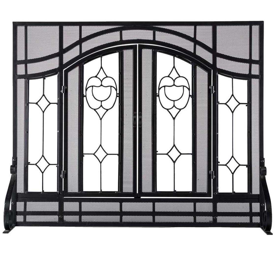 Plow & Hearth Two-Door Fireplace Screen with Glass Floral Panels