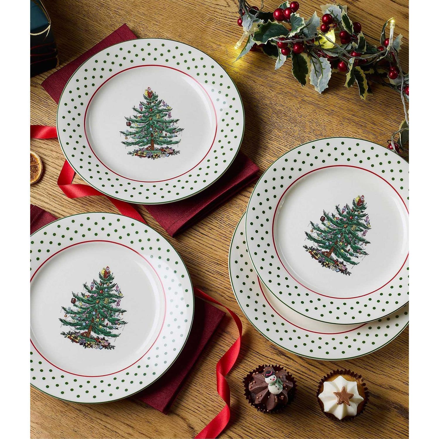 Spode Christmas Tree Polka Dot Dessert Plates Set of 4