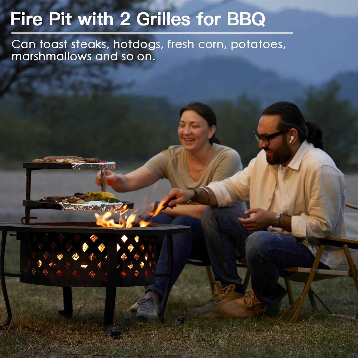 Papajet 36 inch Fire Pit with 2 Grill with Lid for Outside