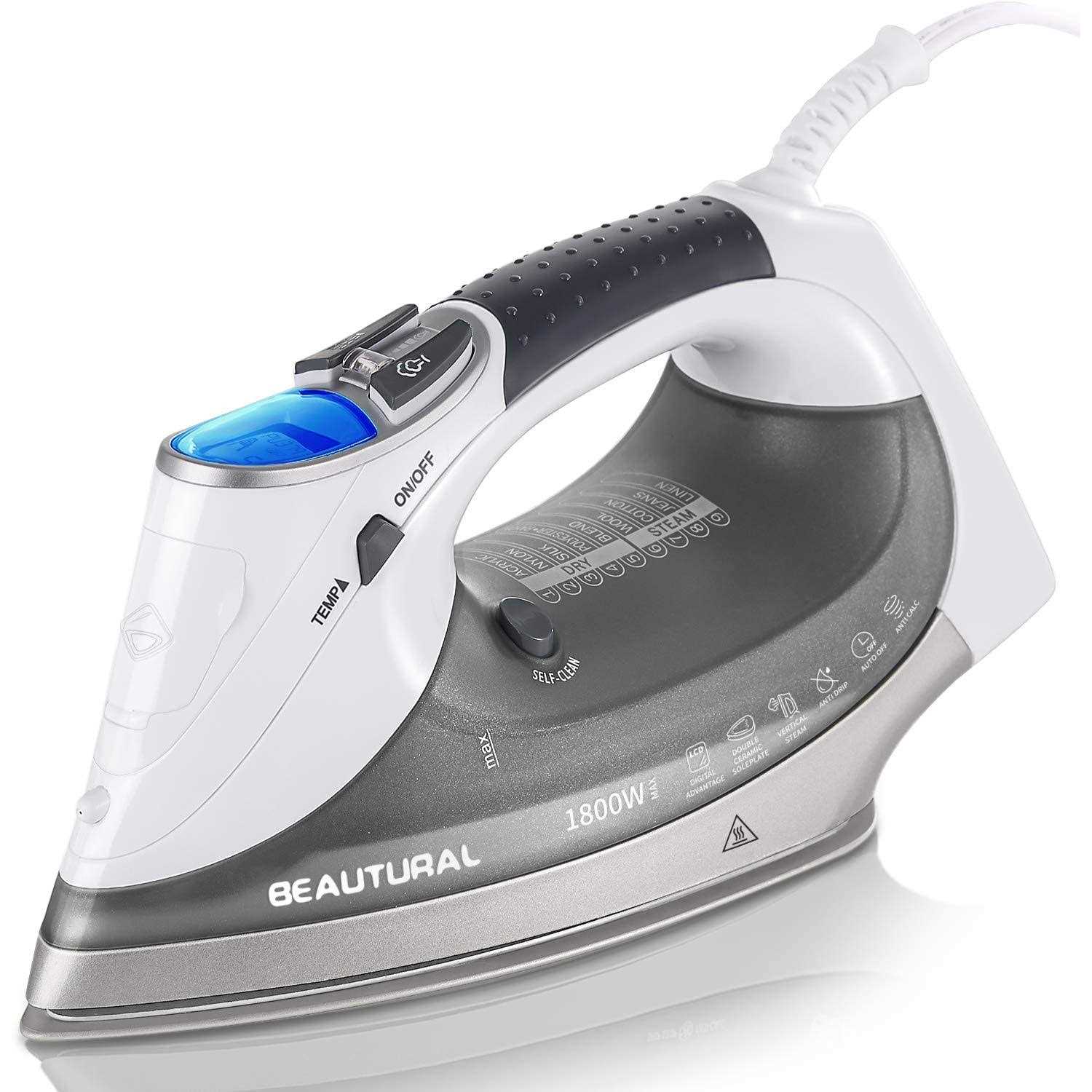 BEAUTURAL 1800-Watt Steam Iron with Digital LCD Screen, Double-Layer and Ceramic Coated Soleplate, 3-Way Auto-Off, 9 Preset Temperature and Steam