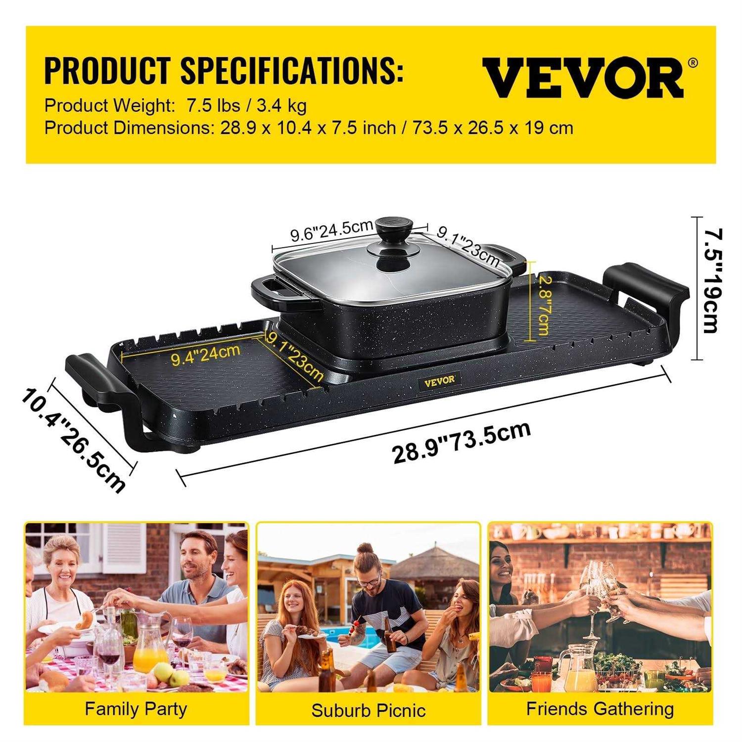 VEVOR 2 in 1 Electric Grill and Hot Pot, 2400W BBQ Pan Grill and Hot Pot