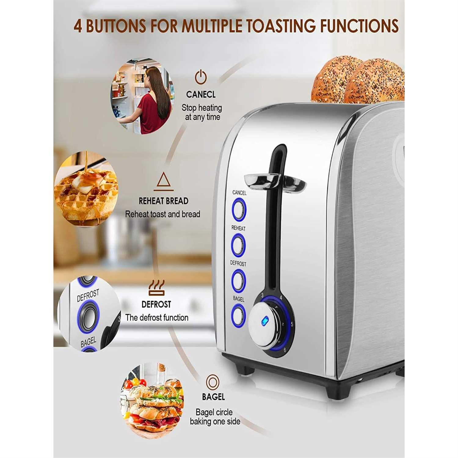 Toaster 2 Slice JEWJIO Stainless Steel Retro Toaster With 1.5 Extra Wide Slot