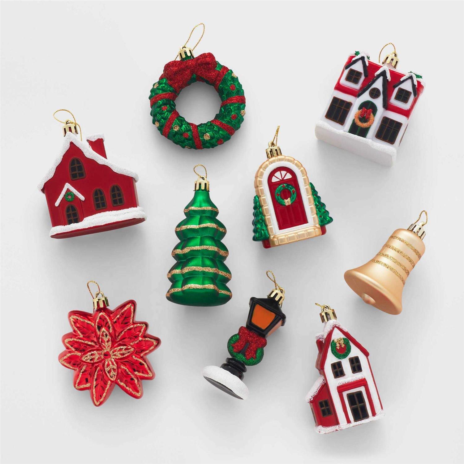 Wondershop Holiday Village Shatter-Resistant Christmas Tree Ornament Set 9pc Red/Green/Gold