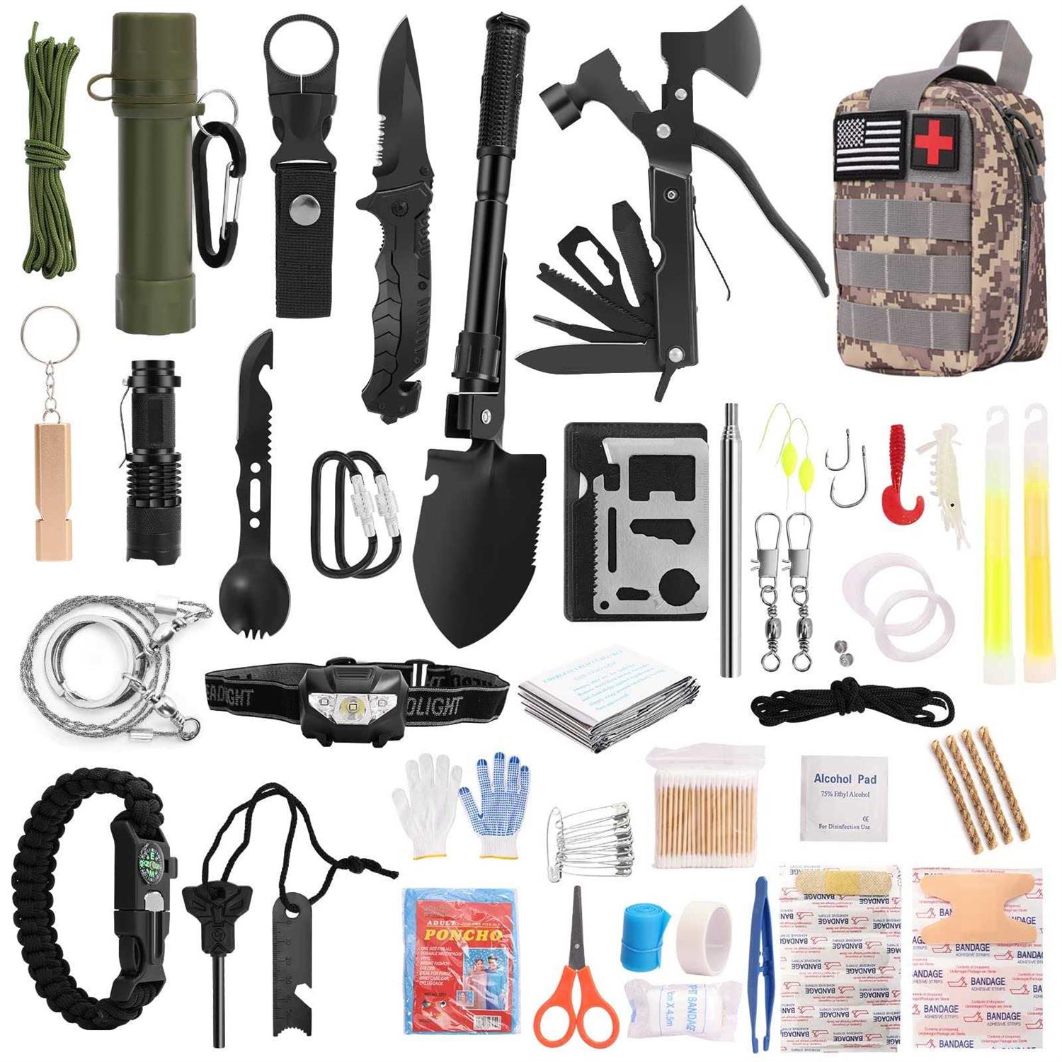 Survival Kits,218pcs Professional Survival Gear Tools and Water Filter Equipment with Tactical Molle Pouch for Outdoor Camping