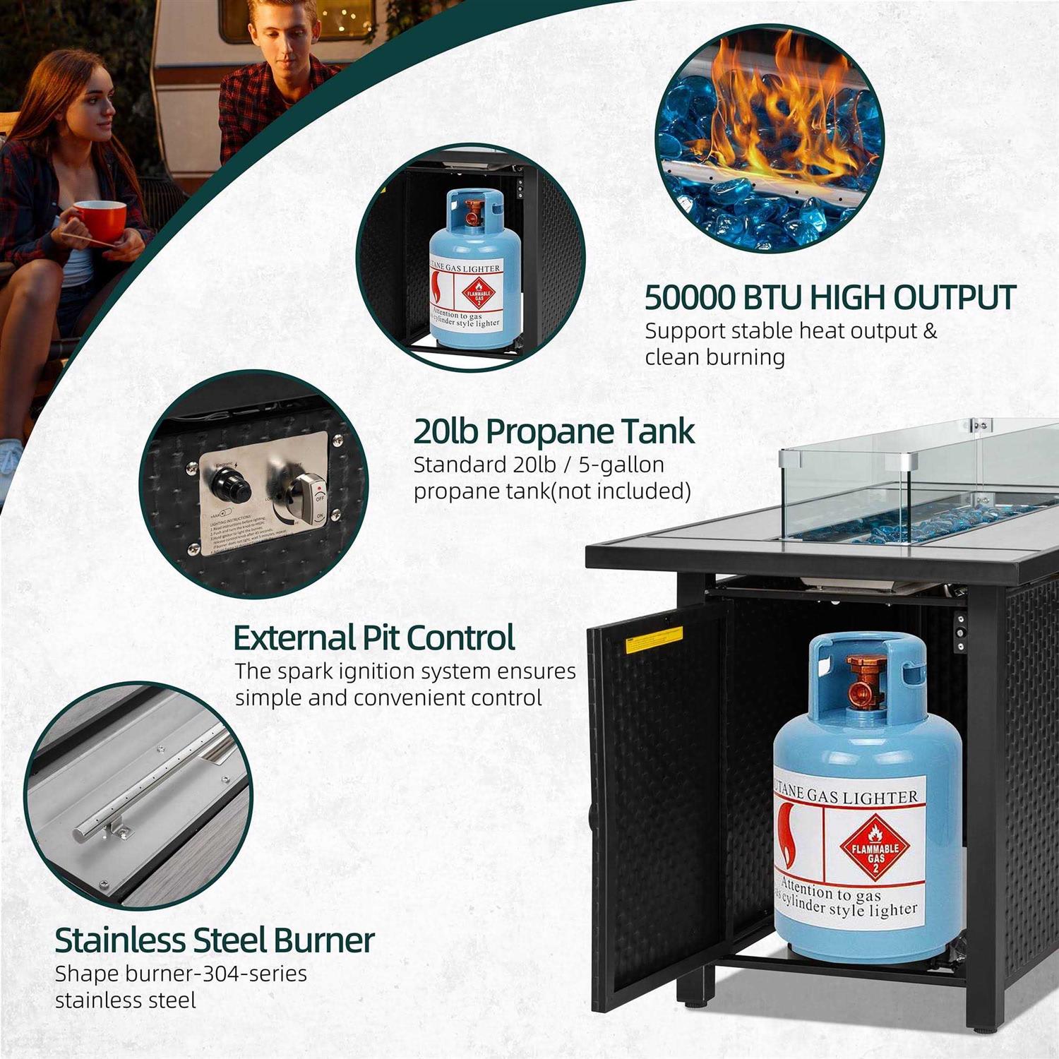 Walsunny 45 inch Propane Fire Pit Table 50,000 BTU Steel Gas Fire Pit with Lid and Lava Rock Rectangular