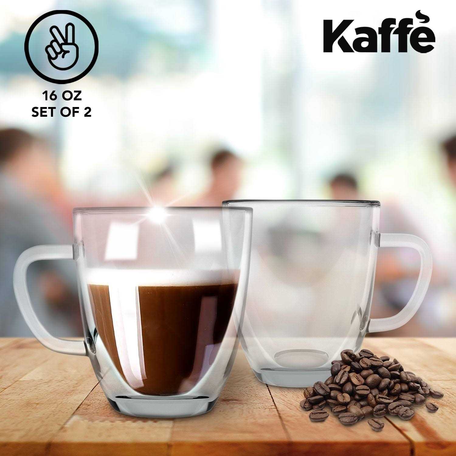 Kaffe Set of 16oz Double-Wall Glass Coffee Mugs ,16 oz