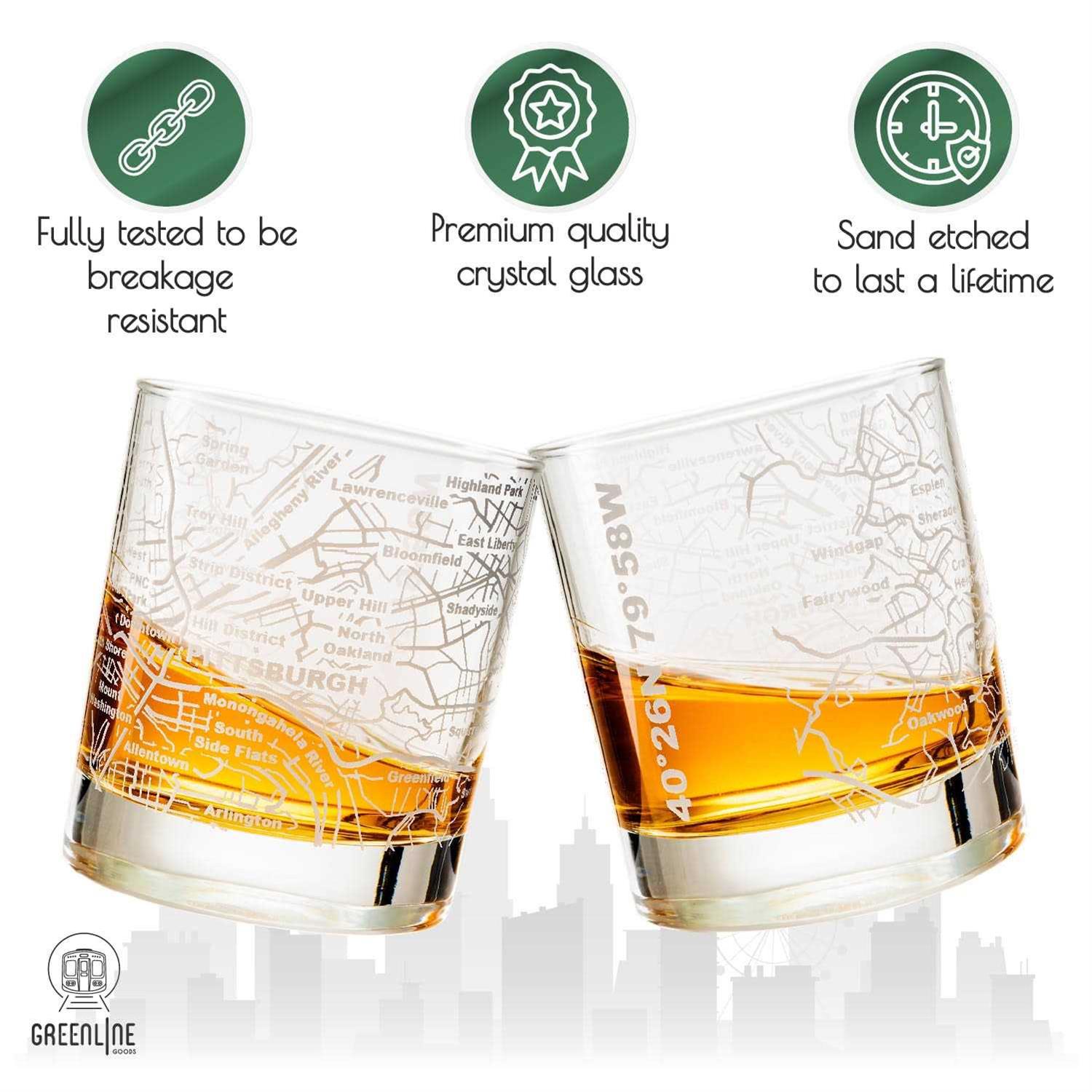 Greenline Goods Etched Whiskey Glasses 10 Oz Tumbler Gift Set Map