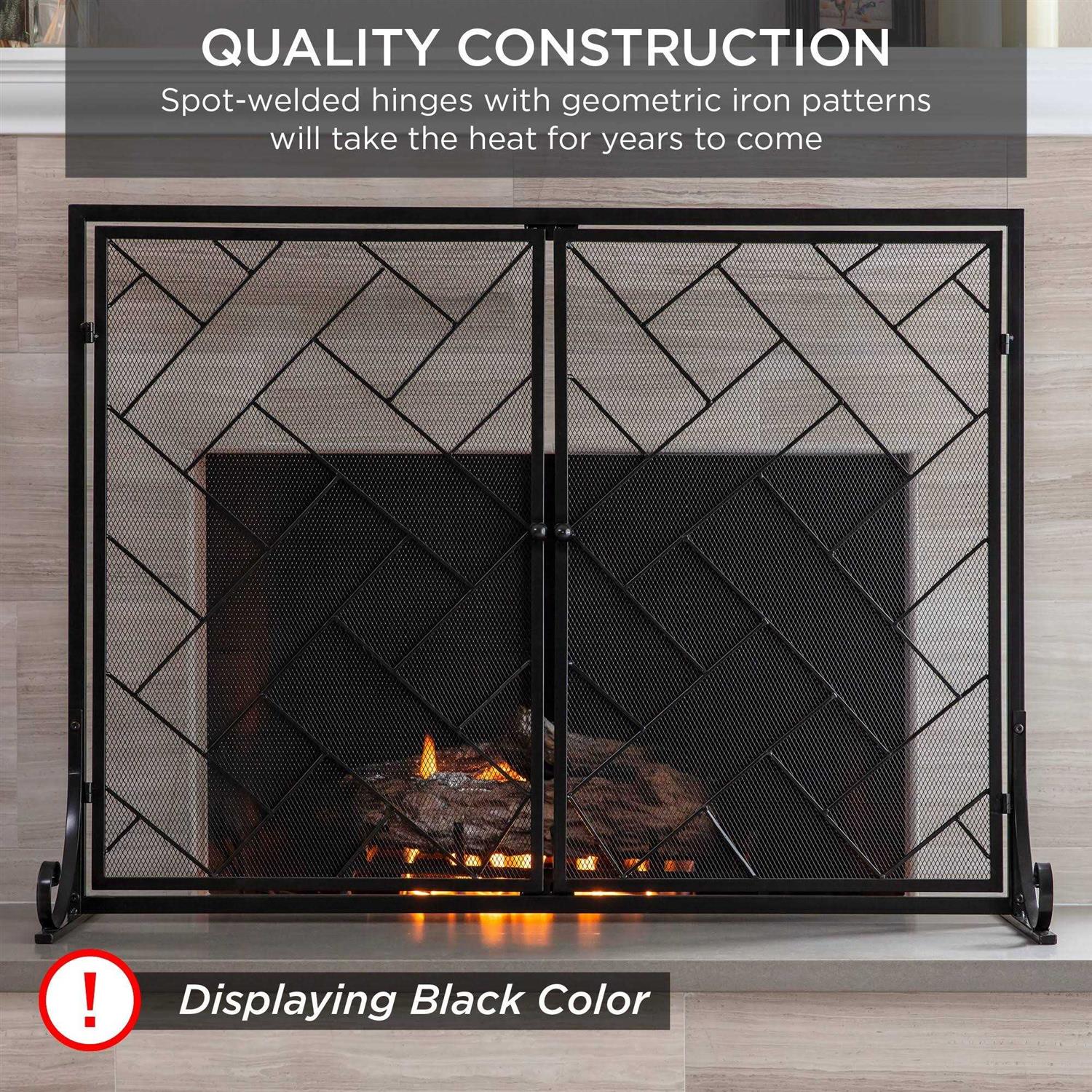 Best Choice Products 44x33in 2-Panel Handcrafted Wrought Iron Decorative Geometric Fireplace Screen w/ Magnetic Doors