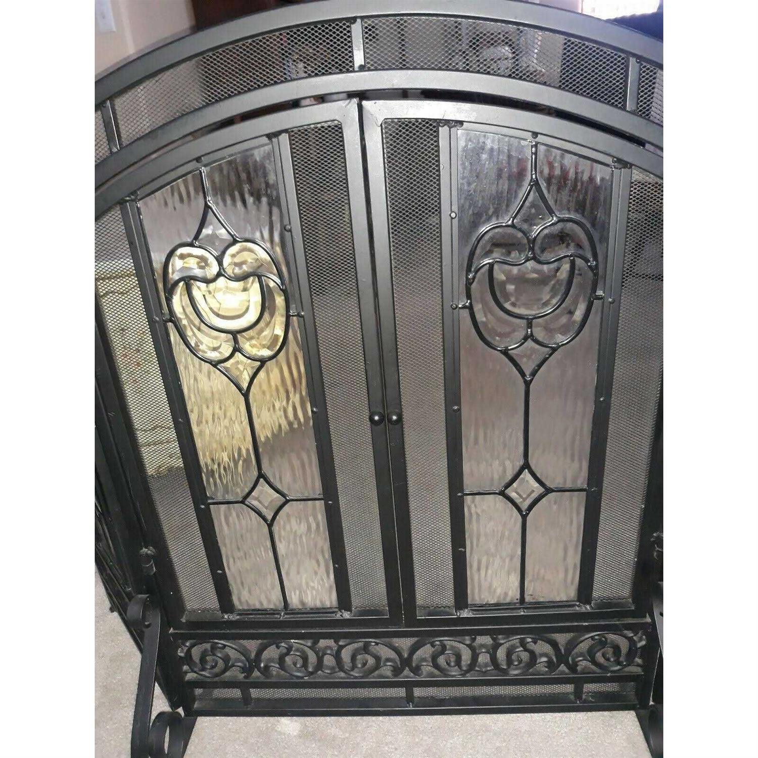Plow & Hearth Two-Door Fireplace Screen with Glass Floral Panels