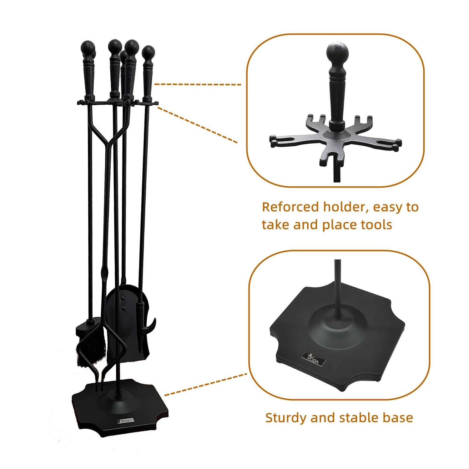 VODA Fireplace Tools Set 5 Pieces 31.5In Cast Iron Indoor Fireside Accessories Large Fire Place Tool Set Outdoor Holder Fire Kit Stand Wood Stove Log