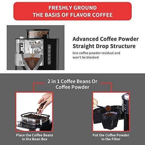 10-Cup Drip Coffee Maker, Grind and Brew Automatic Coffee Machine with Built-In Burr Coffee Grinder, Programmable Timer Mode and Keep Warm Plate