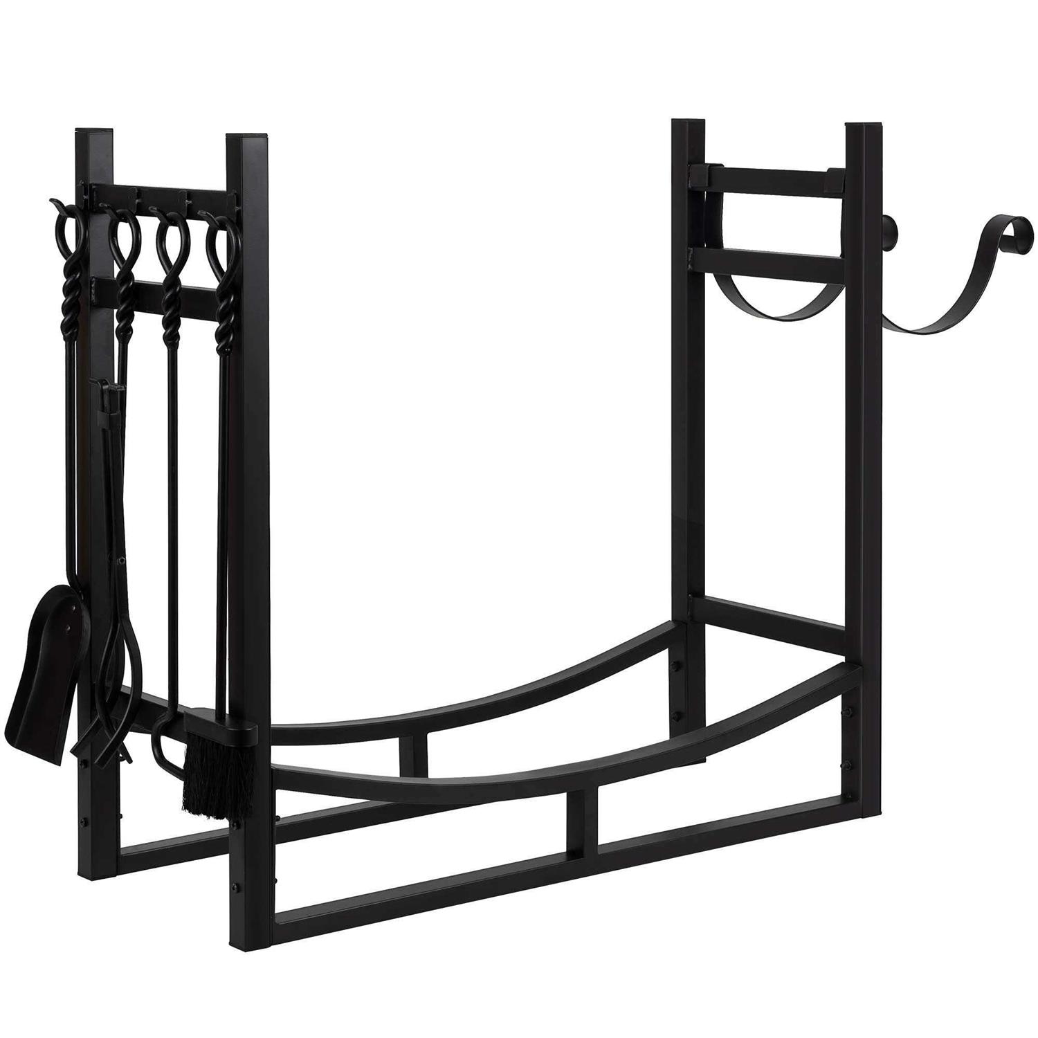 Amagabeli Large Firewood Rack With Fireplace Tools Set 33.5 Inch Wood Rack Wrought Iron Indoor Outdoor Kindling Log Holder Heavy Duty Wide Wood