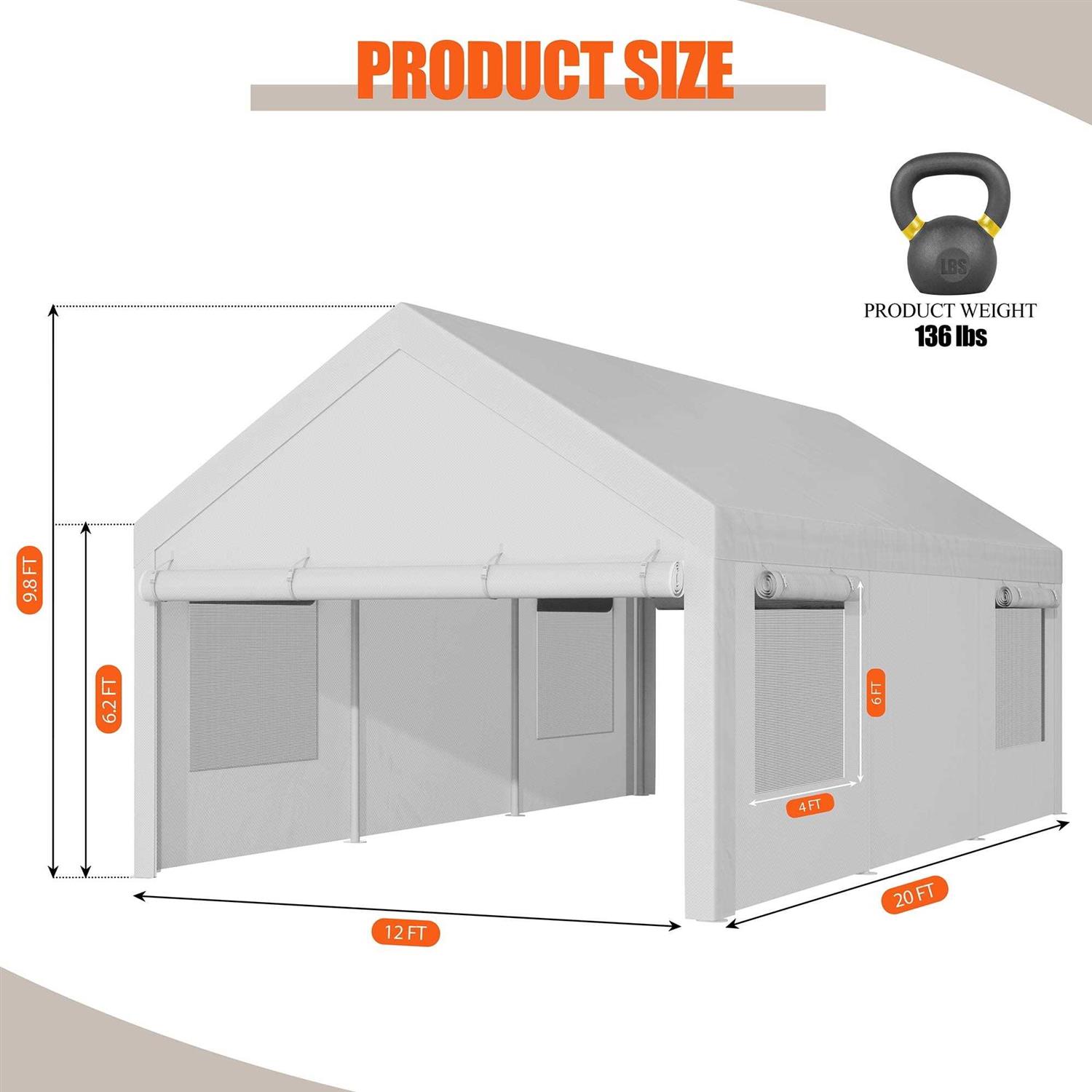 12 Ft. W x 20 Ft. D Heavy Duty Carport Portable Garage walsunny