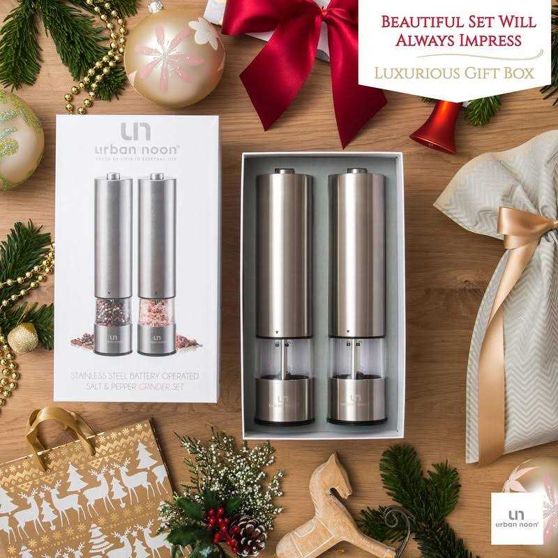 urban noon Electric Salt and Pepper Grinder Set Stainless Steel Battery Operated Salt & Pepper Mills with Light