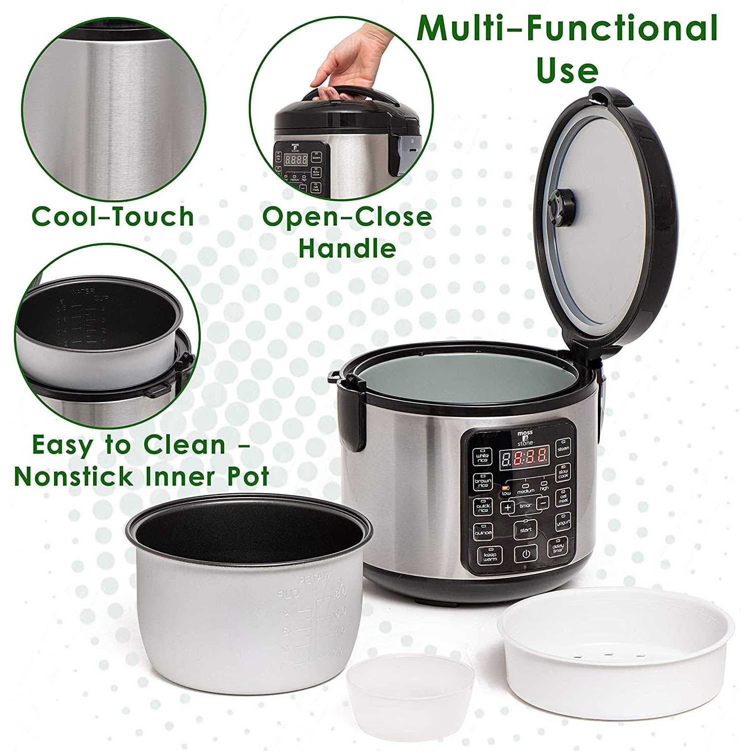 Moss & Stone Electric Multicooker Digital Rice Cooker Small 4-8 Cup 10 Pre-Programmed Settings Brown White / Food Steamer