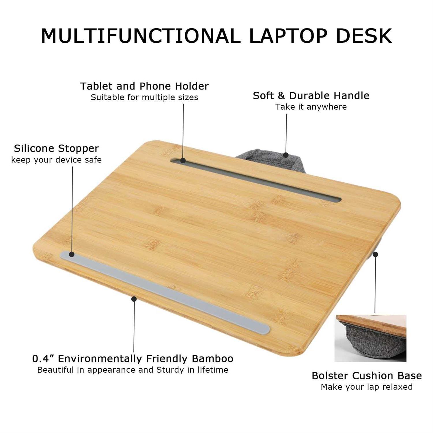 SUMISKY Laptop Lap Desk with Cushion Protable Laptop Desk with Handle Phone Holder and Bamboo Laptop Stand