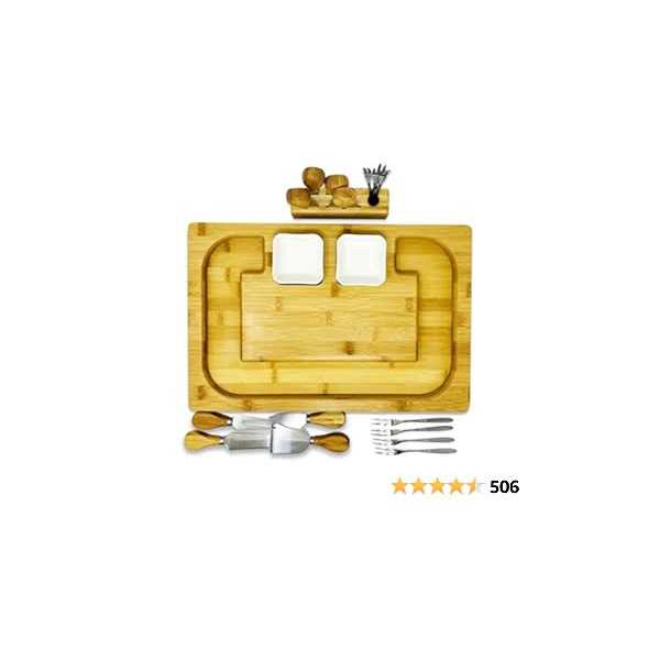 Charcuterie Cheese Board Set with Bonus Knives, Bowls, and Forks – Reversible Extra