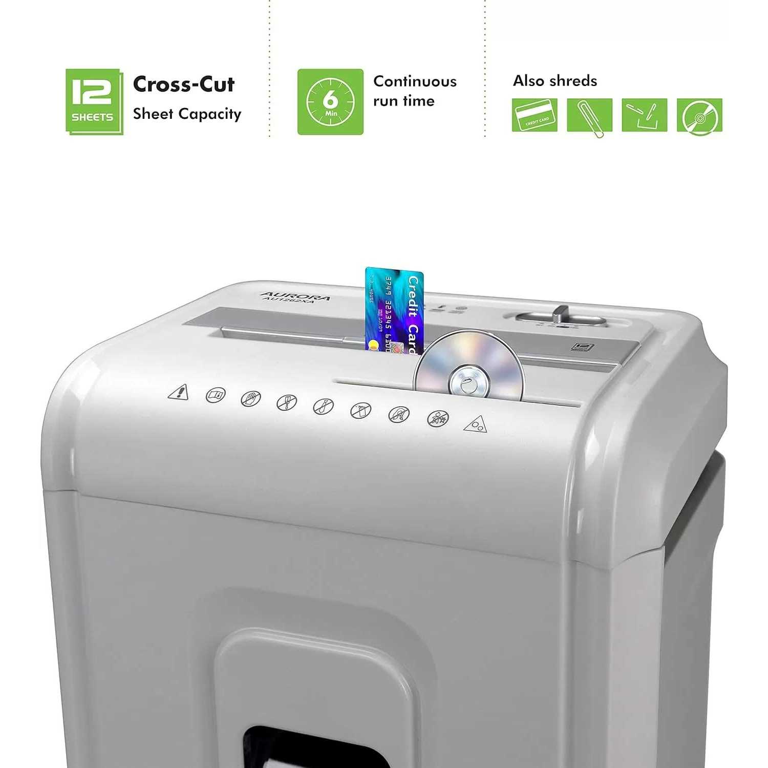Aurora AU1262XA Anti-Jam 12-Sheet Crosscut Paper and CD/Credit Card Shredder