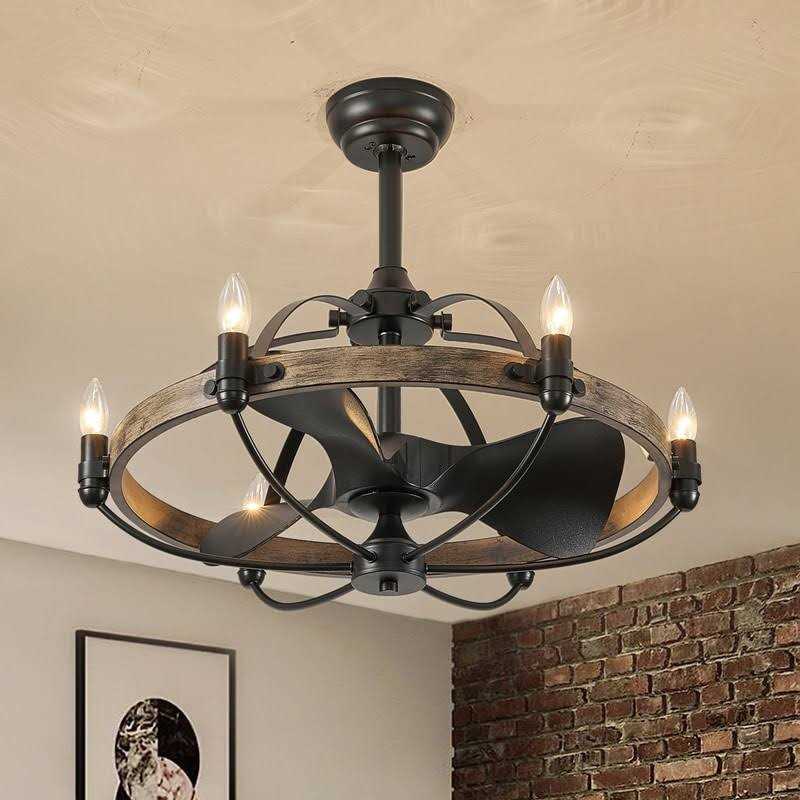 27-inch Modern Farmhouse Ceiling Fans 6-Light Wagon Wheel Chandelier Fan Caged Ceiling Fan with Light Remote Control