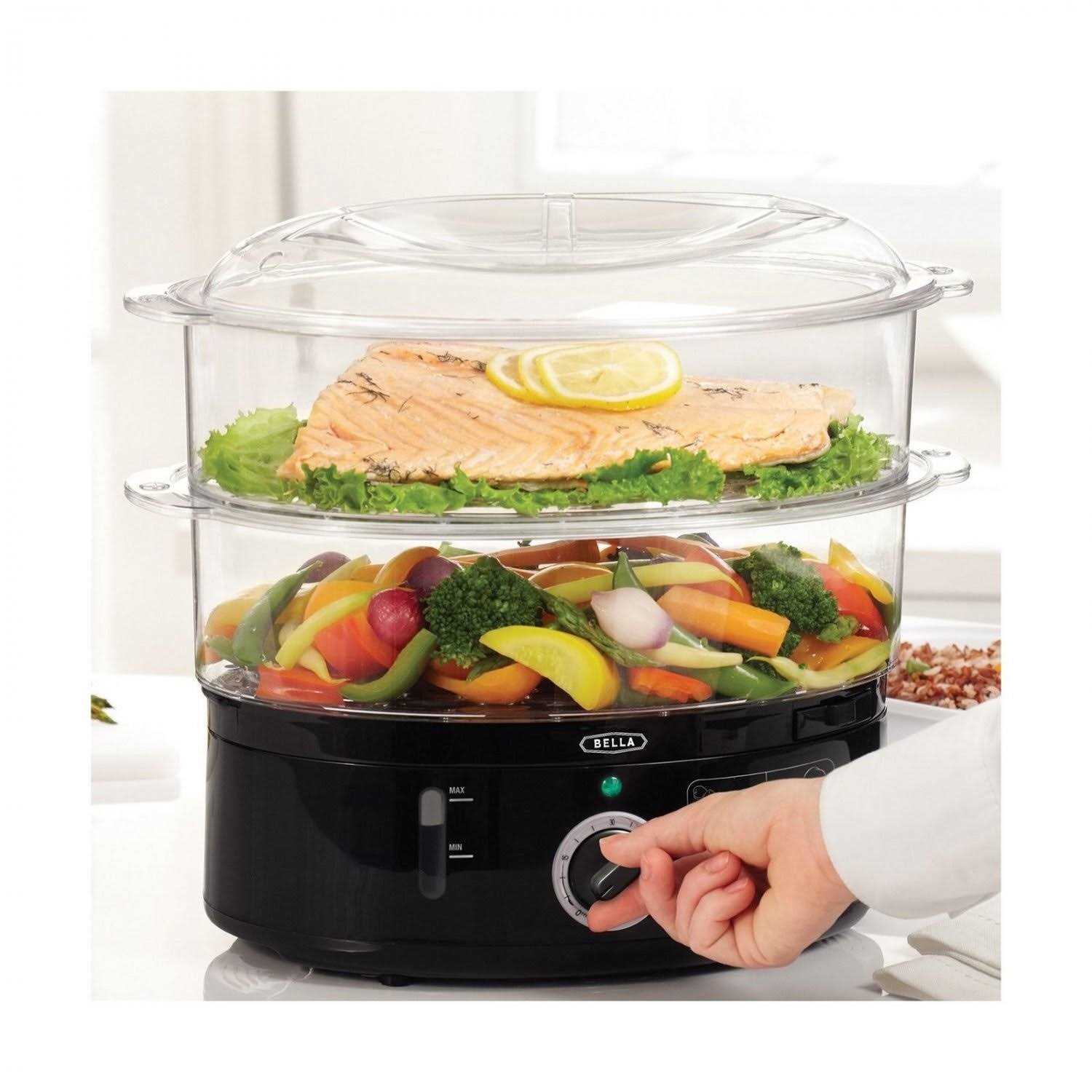 Bella Two Tier Food Steamer with Dishwasher Safe Lids and Stackable Baskets & Removable Base for Fast Simultaneous Cooking