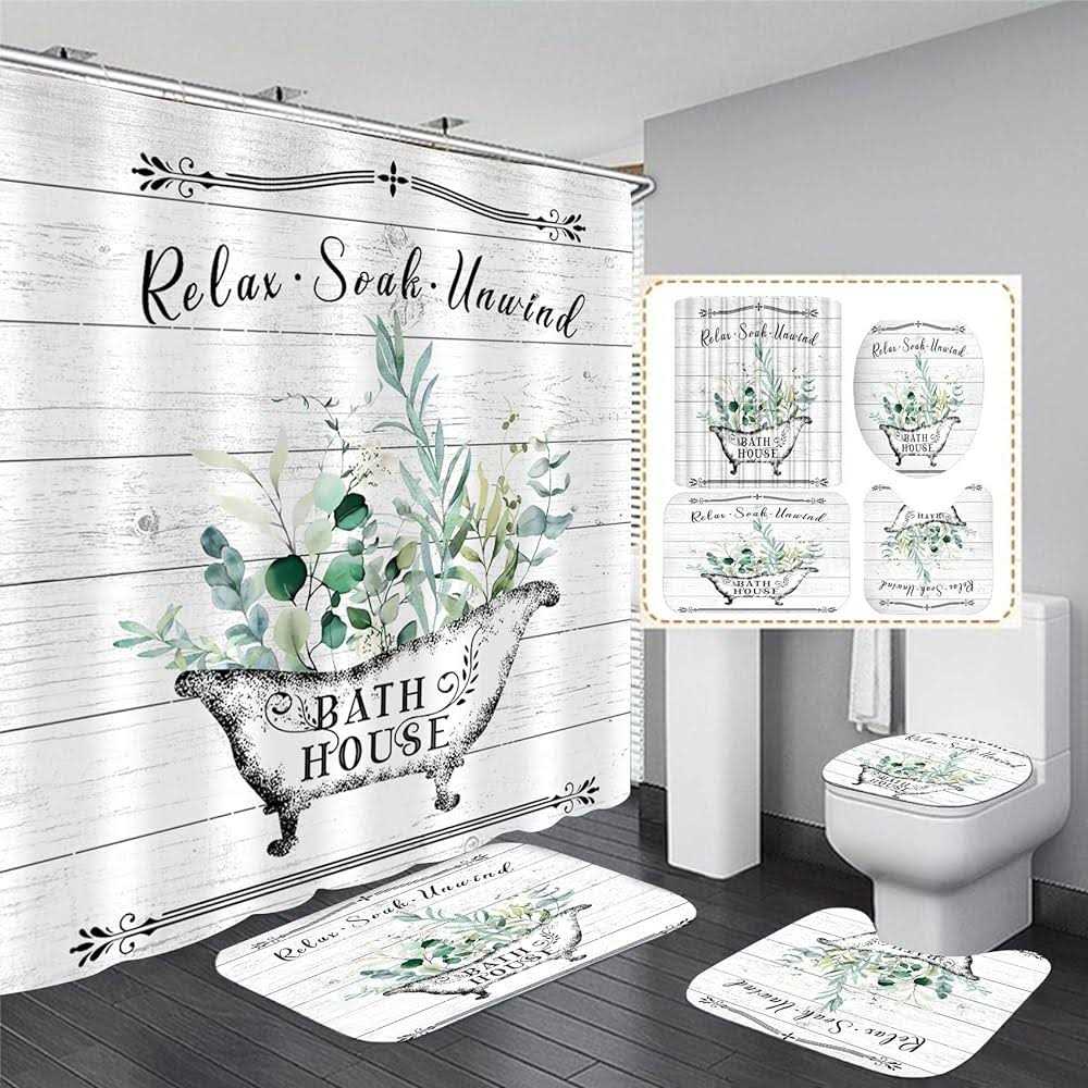4 Pcs Farmhouse Shower Curtain Set Vintage Floral Bathroom Sets with Shower Curtain and Rugs Rustic Flower Leaves Bathroom Decor Country Bathtub