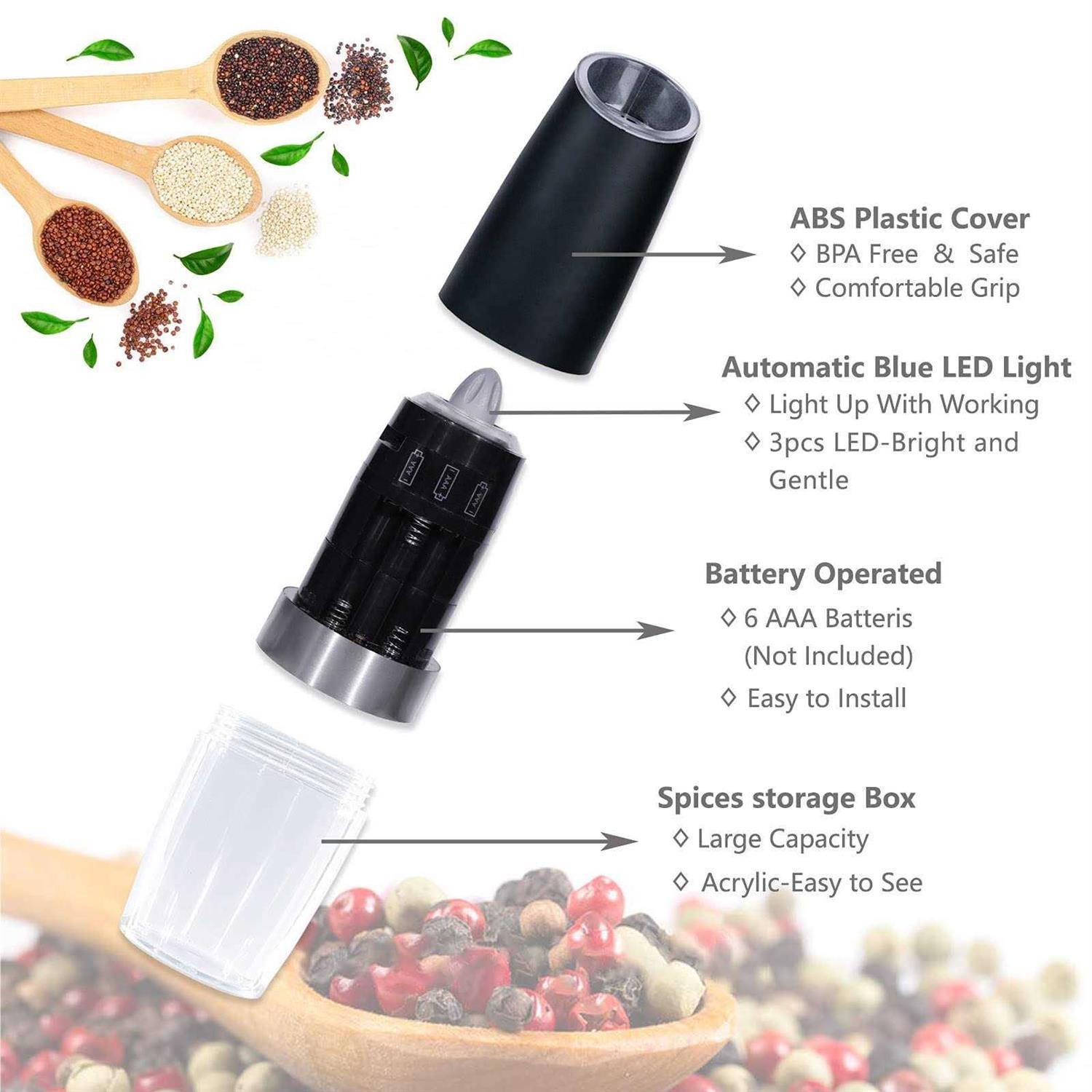 2 Pack Gravity Electric Salt and Pepper Grinder Set Automatic Battery Powered Salt Mill