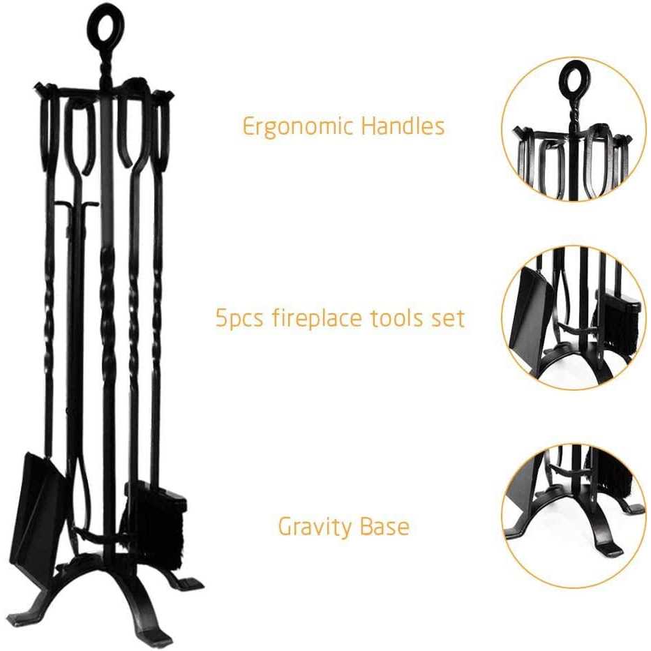 Amagabeli 5 Pieces Fireplace Tools Set Indoor Wrought Iron Fire Pit Tongs Holder