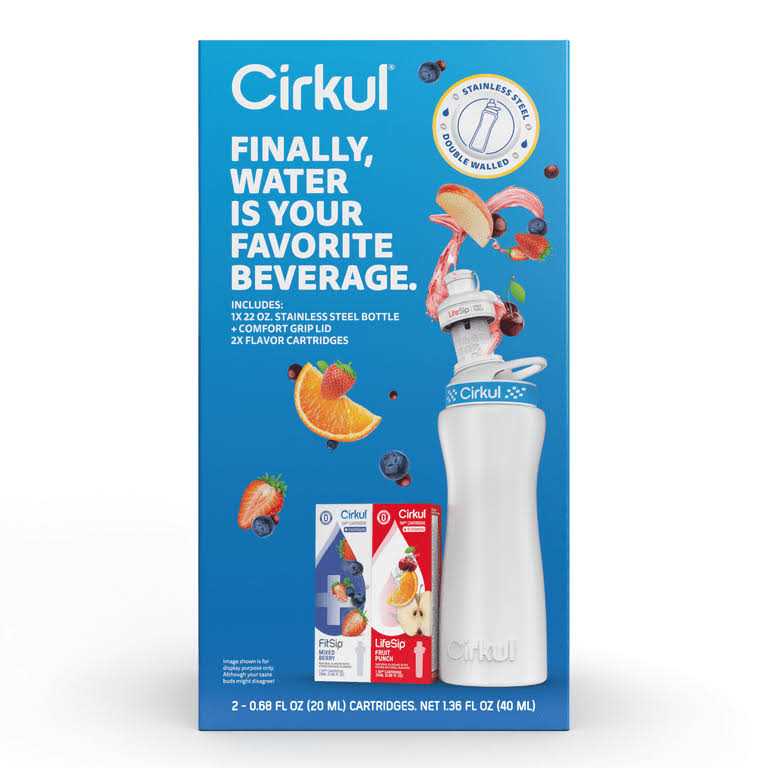 Cirkul 22oz White Stainless Steel Water Bottle Starter Kit with Blue Lid and 2 Flavor Cartridges