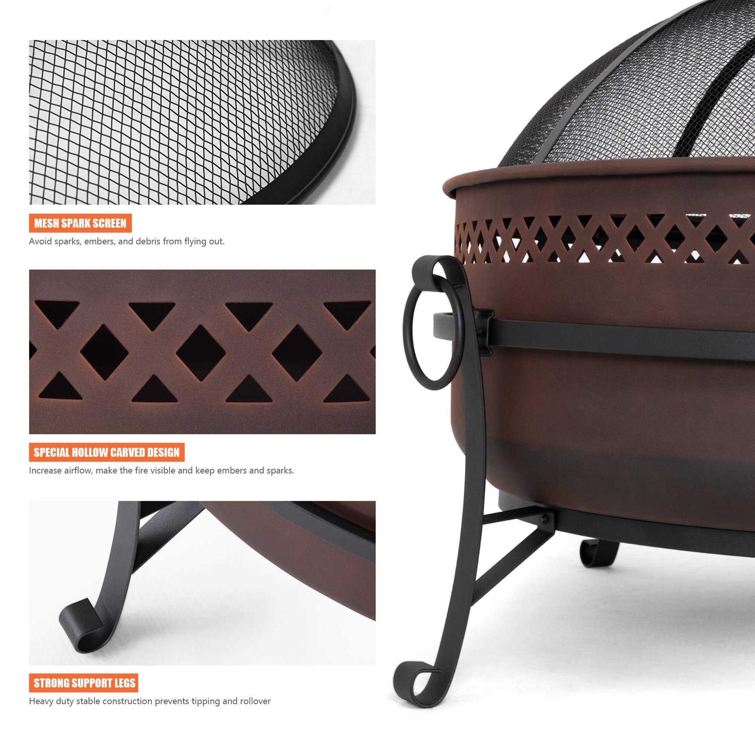 SUNCREAT 30,31,34,36,42 inches Outdoor Fire Pit with Spark Screen and Log Poker