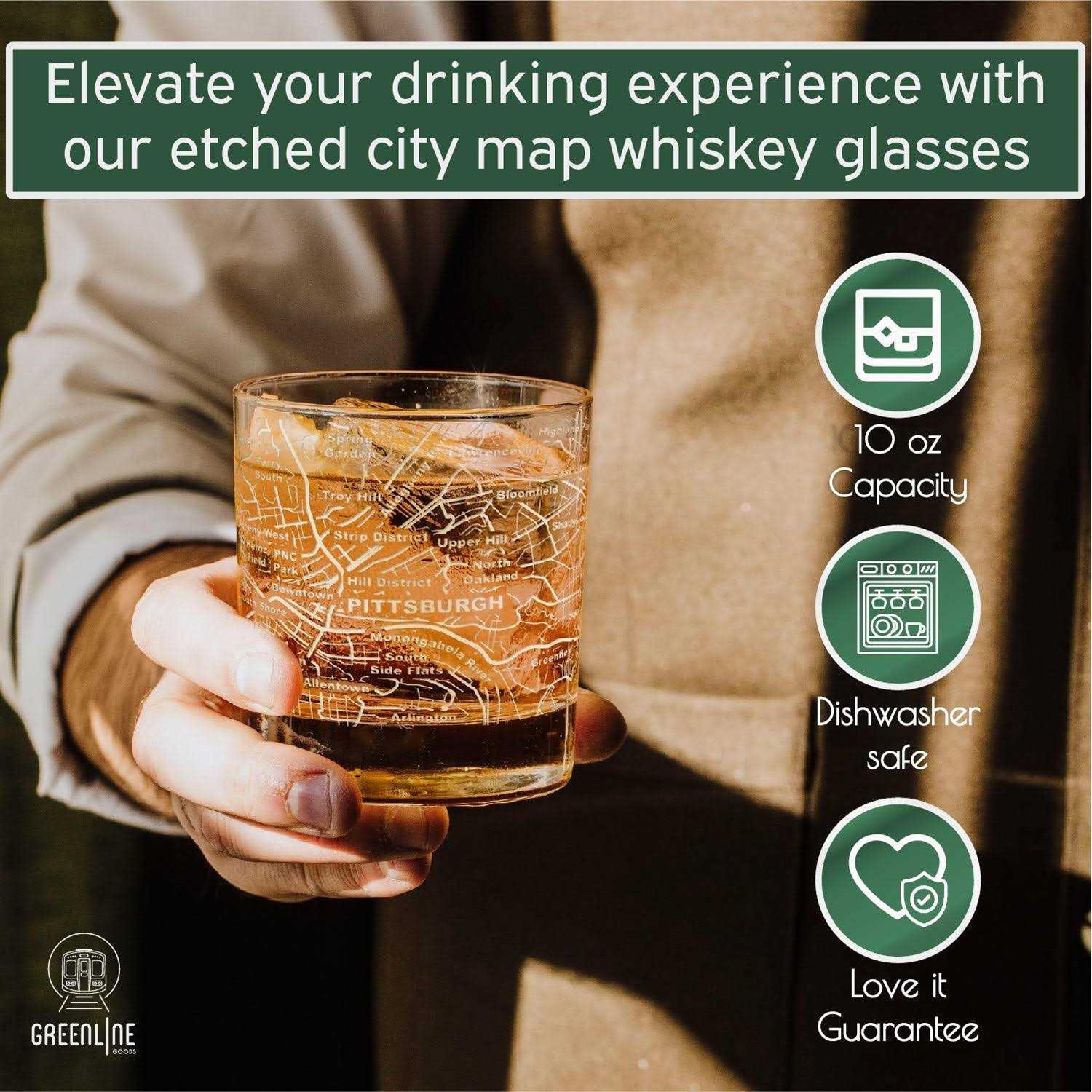 Greenline Goods Etched Whiskey Glasses 10 Oz Tumbler Gift Set Map