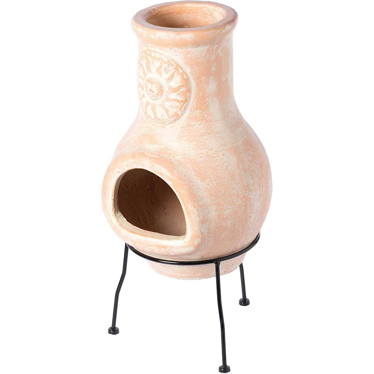 Vintiquewise Outdoor Clay Chiminea Sun Design Charcoal Burning Fire Pit with Metal Stand