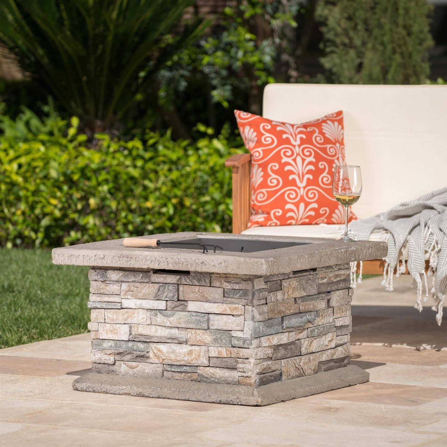 Noble House Crestline Outdoor Lightweight Concrete Wood Burning Fire Pit