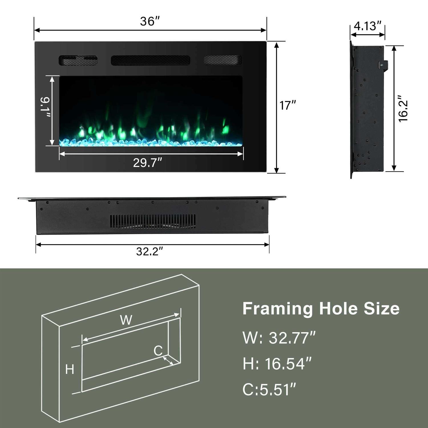 36 Inch Electric Fireplace Inserts Quiet Wall Mounted Fireplace Led Fireplace for Living Room