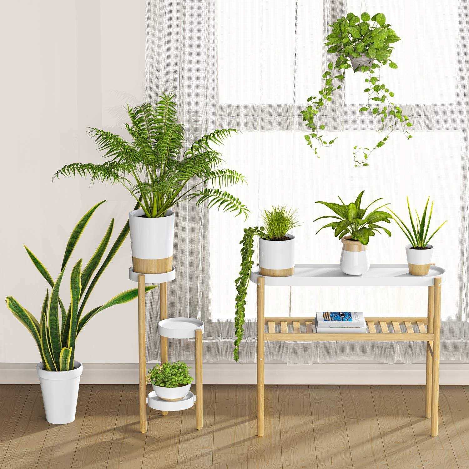Wisuce Bamboo plant Shelf Indoor 2 Tier Tall plant Stand Table for Multiple Plants